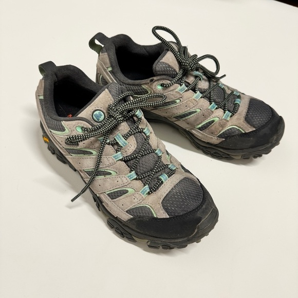 Merrell - Women's Moab 2 Waterproof Lace Up Hiking Shoe in Gray & Mint Green - Picture 3 of 9